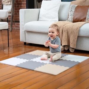 NWT MioTetto Interlocking Baby Play Mat Foam Tiles Cream Gray Beige Safe Playmat